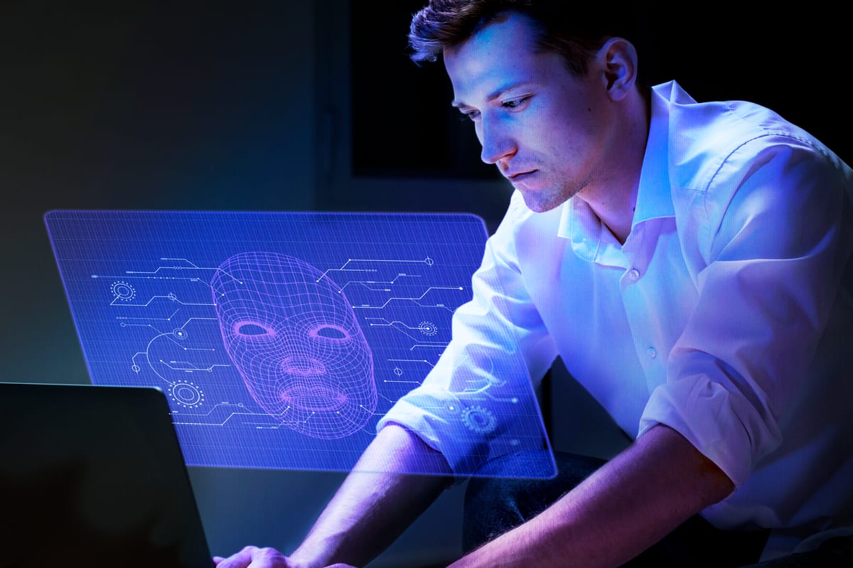 A focused man works at his laptop as a glowing holographic AI face and digital schematics illuminate the screen, suggesting advanced human–machine interaction.