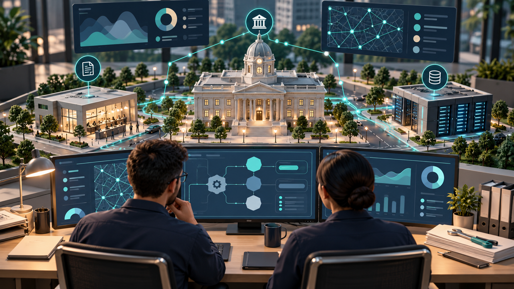 Municipal technology staff monitoring connected city services and API operations